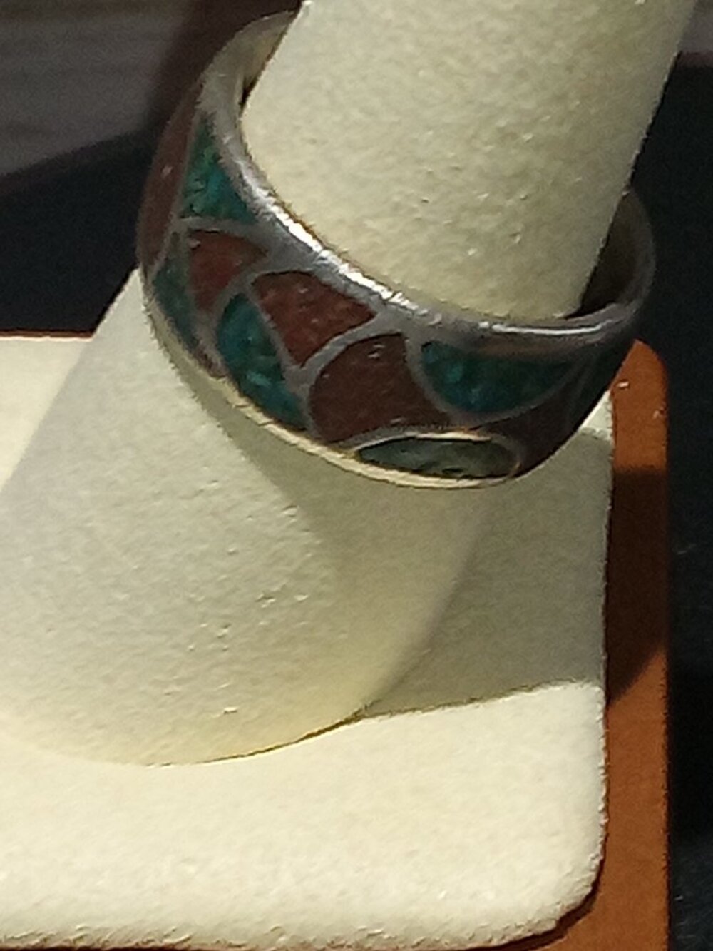 Sterling Inlaid turquoise and coral band ring Size 8.50 - Picture 2 of 2